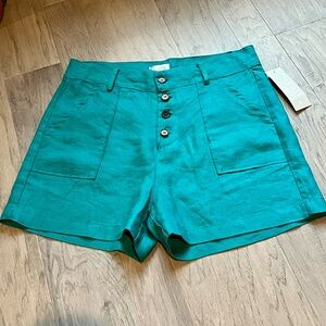 NWT Linen Modcloth Heroes & Dreamers Button Front Shorts Teal Green Blue Size XL